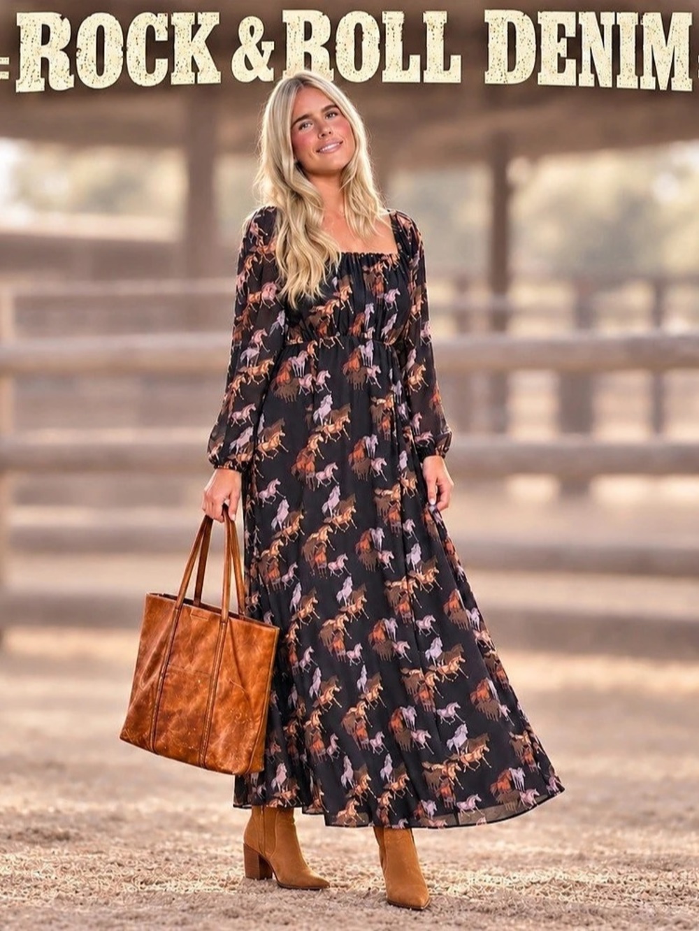 Rock & Roll Denim Horse Print Dress XXL Black Long Sleeve Western Cowgirl